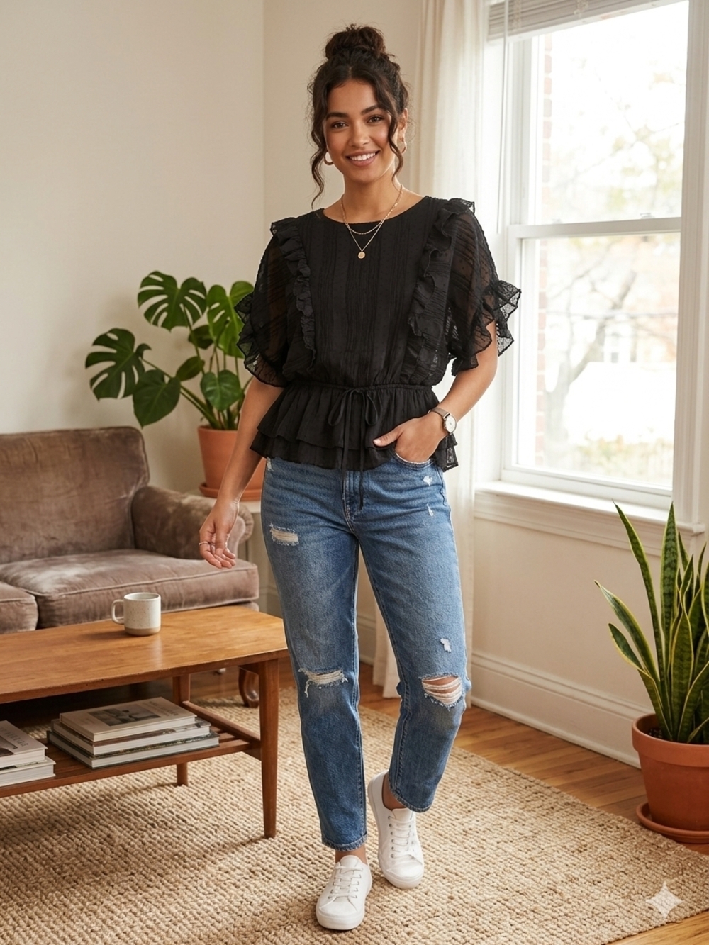 Express Black Ruffle Sleeve Peplum Blouse Size S